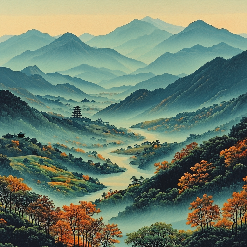 Hiroshige Inspired Autumn Mountain Haze DIY paint by numbers