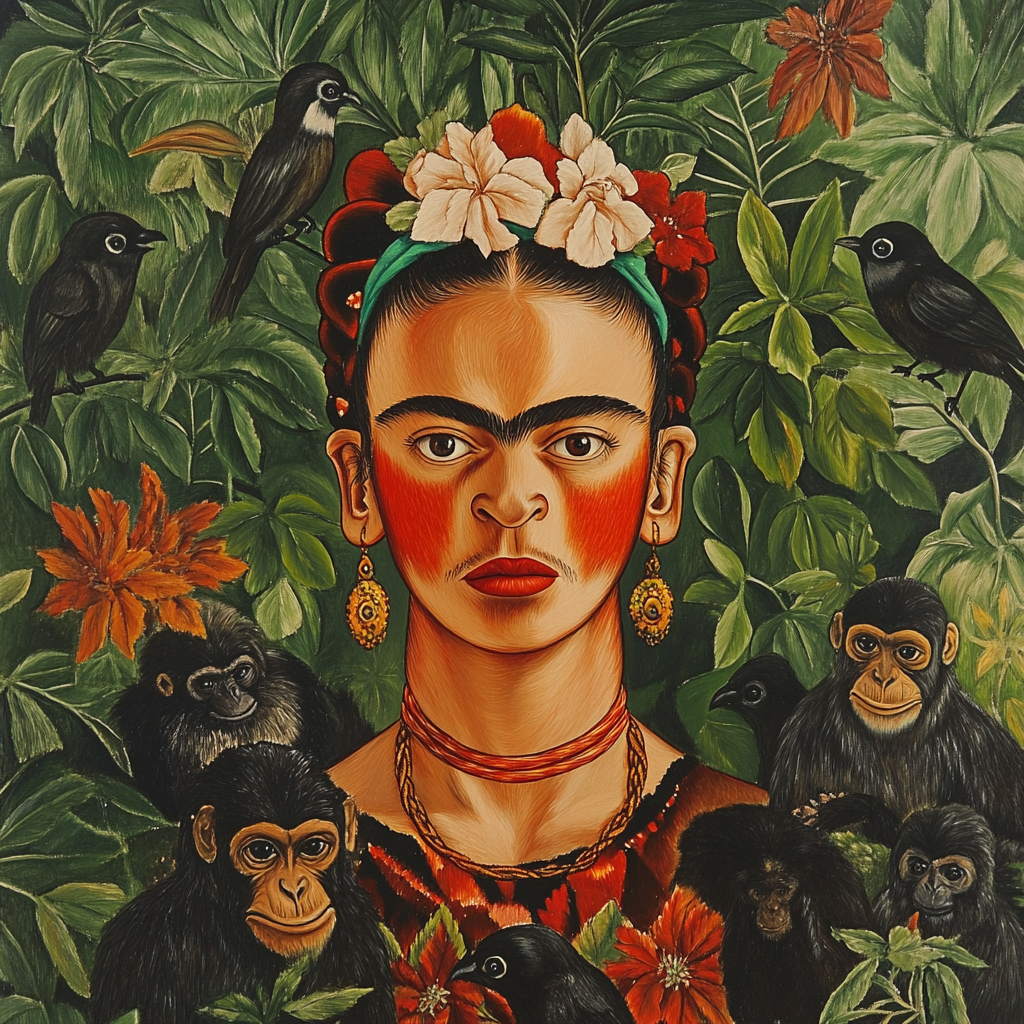 Frida Kahlo Inspired Symbolic Self-Portrait With Animals paint by color