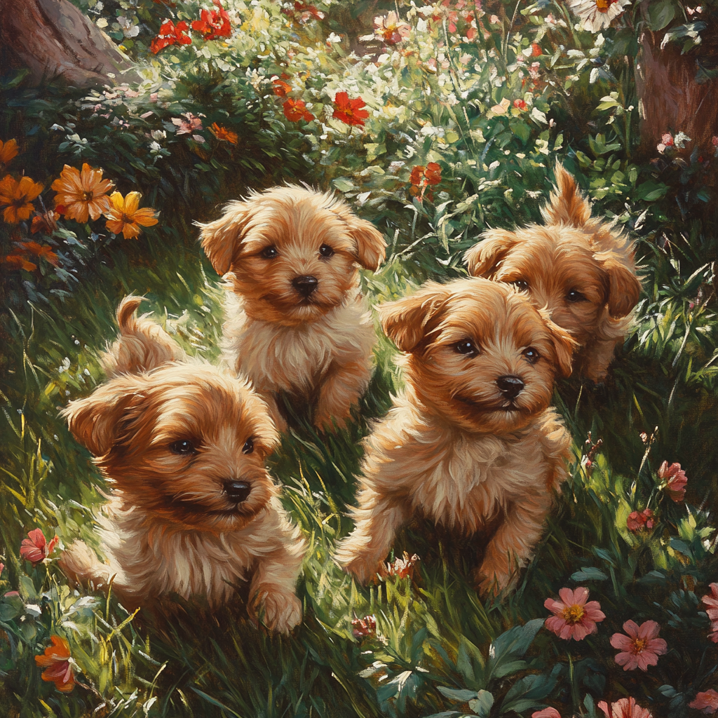 Edwin Landseer Inspired Playful Puppies In Garden Number painting