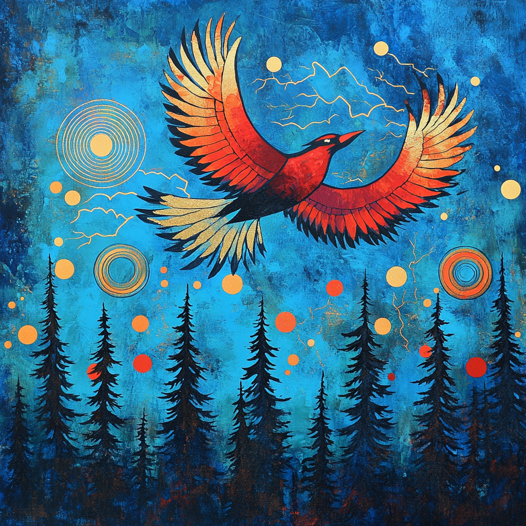 Norval Morrisseau Inspired Thunderbird Over Arctic Pines paint by numbers