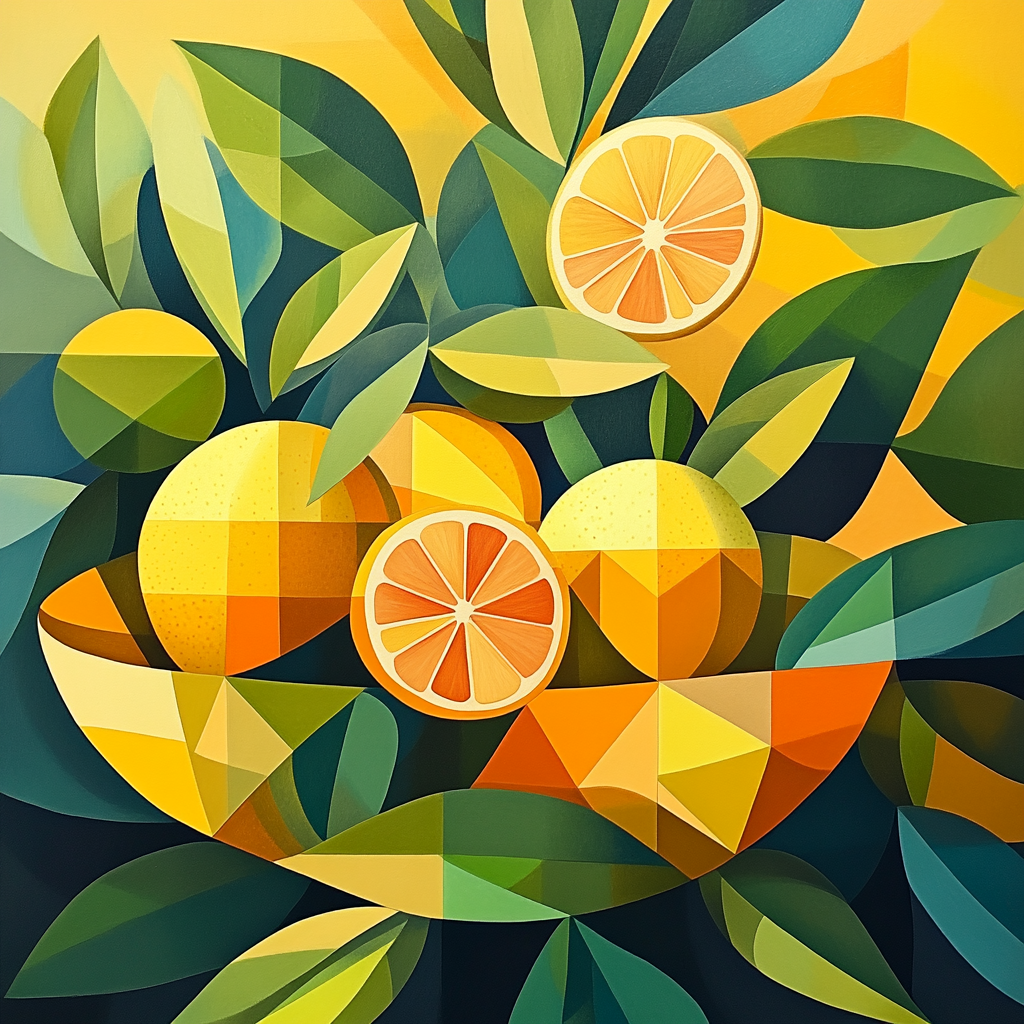 Pablo Picasso Inspired Fractured Citrus Still Life paint by color