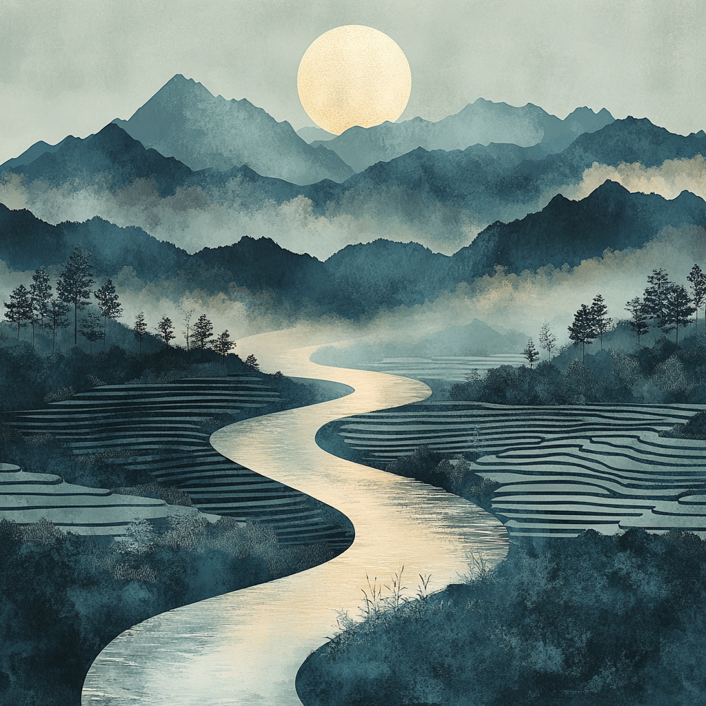 Hiroshige Inspired Moonlit River Mountains DIY paint by numbers