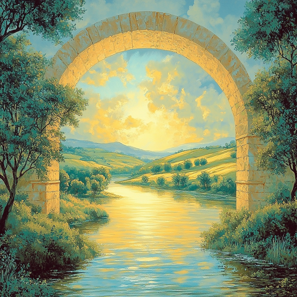 Raphael Inspired Luminous Archway Over Serene River paint by numbers