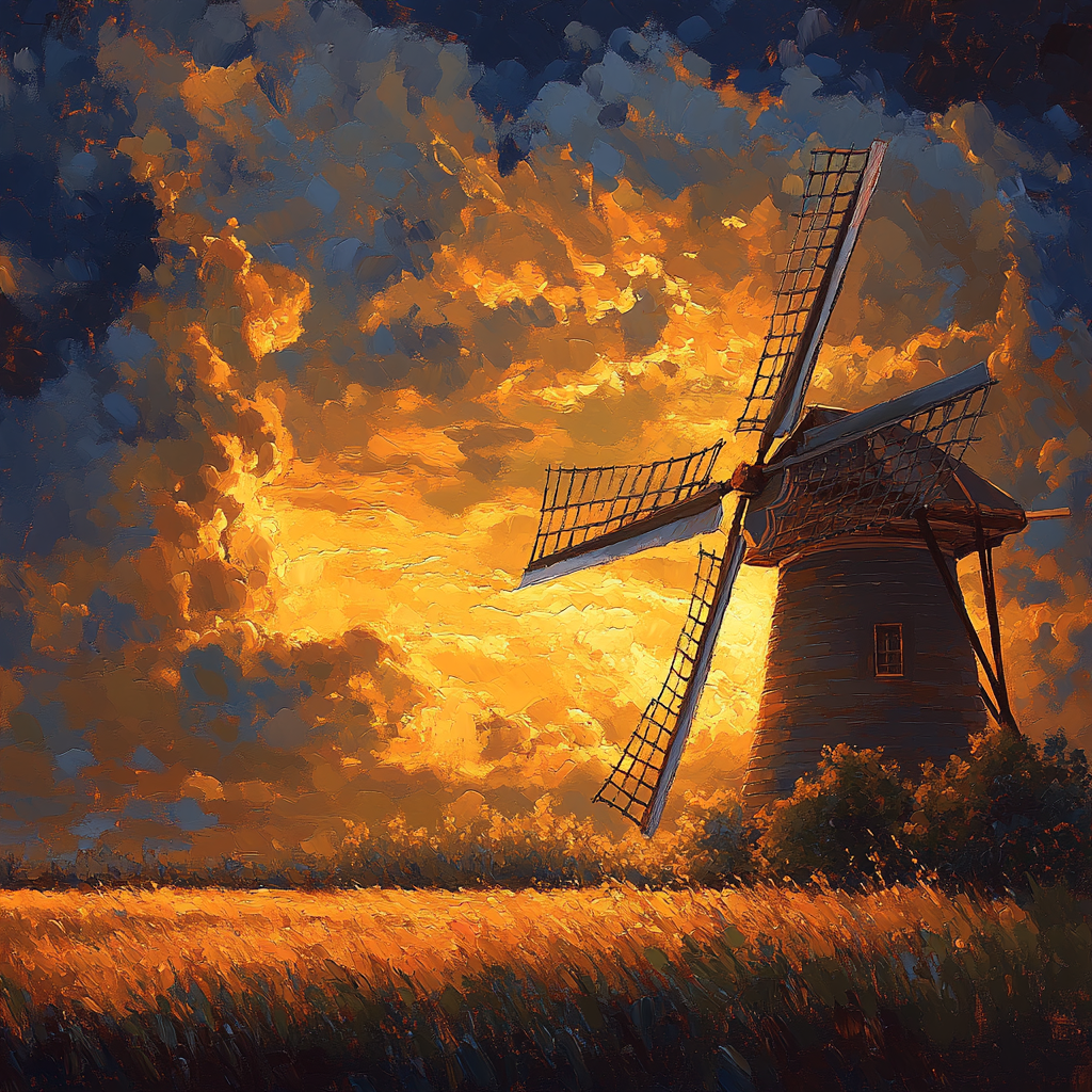 Windmill Silhouette In Rembrandt Inspired Golden Twilight DIY paint by numbers