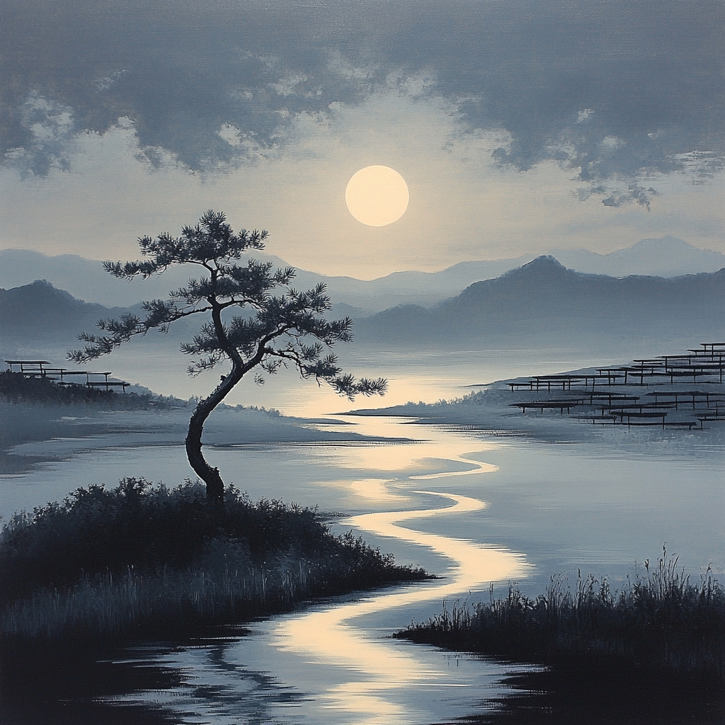 Zhao Mengfu Inspired Moonlit Pine And River Painting by numbers kit