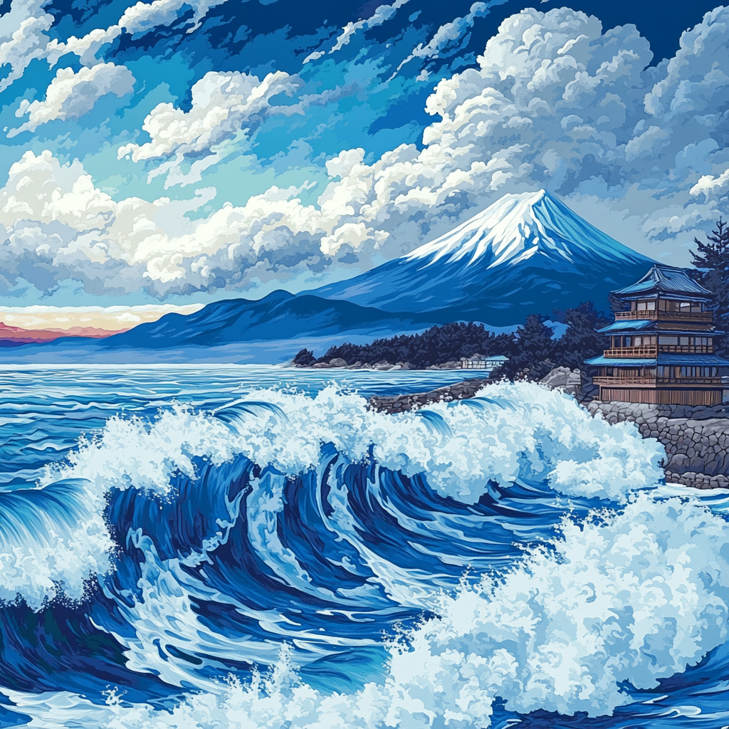 Hokusai Inspired Ocean Waves With Mount Fuji Numbered painting kits
