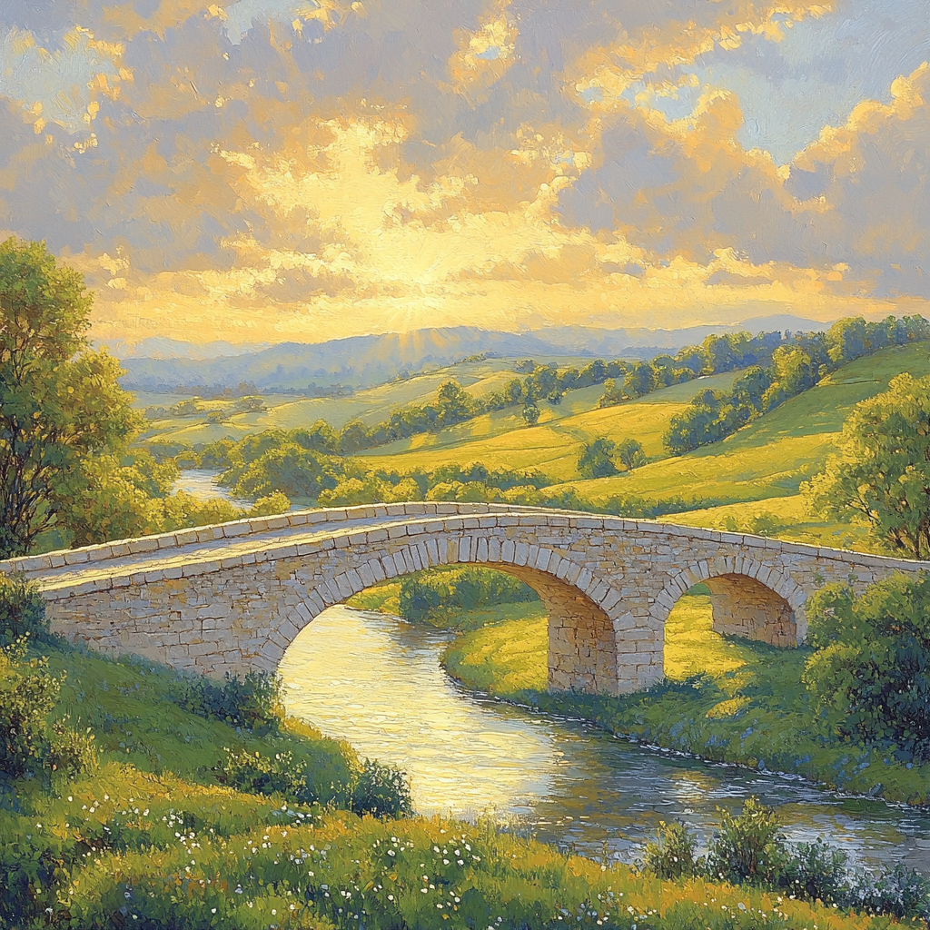 Raphael Inspired Serene Countryside With Arching Stone Bridge painting number kit