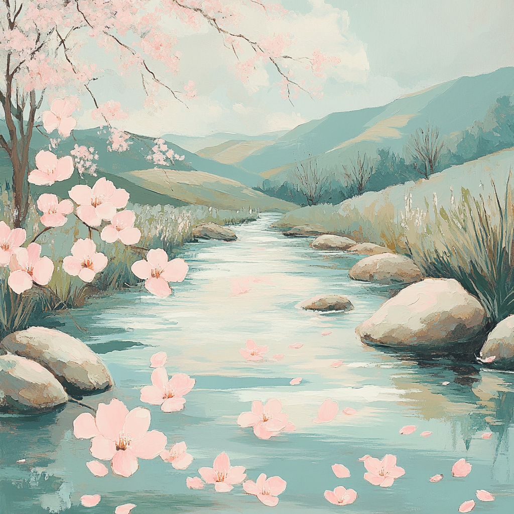Hiroshige Inspired Spring Blossom Stream Paint by numbers art