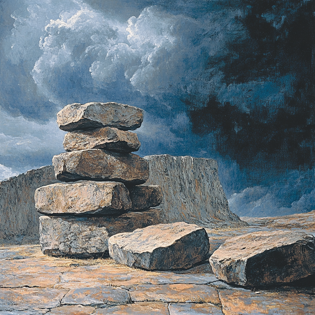 Francisco Goya Inspired Weathered Stones Under Heavy Stormy Sky paint by number