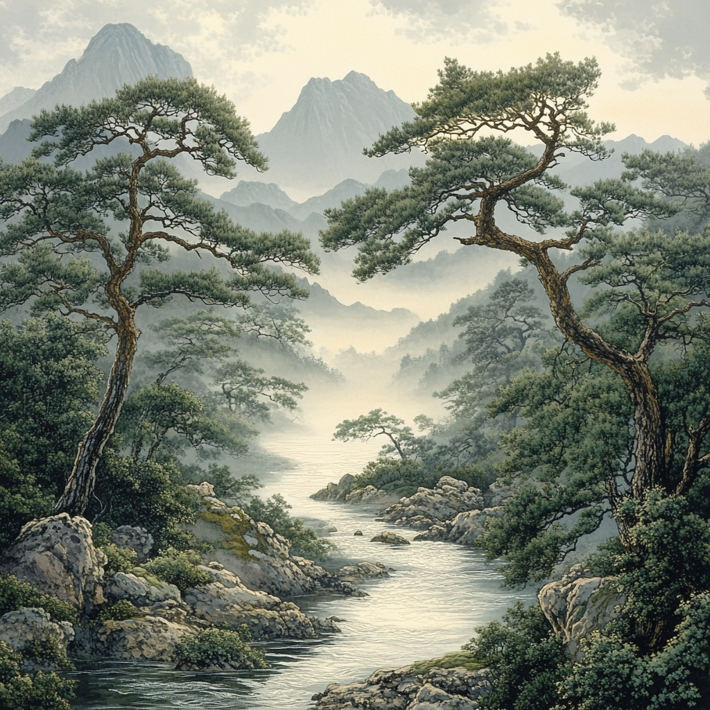 Zhao Mengfu Inspired Tranquil River Mist paint by numbers