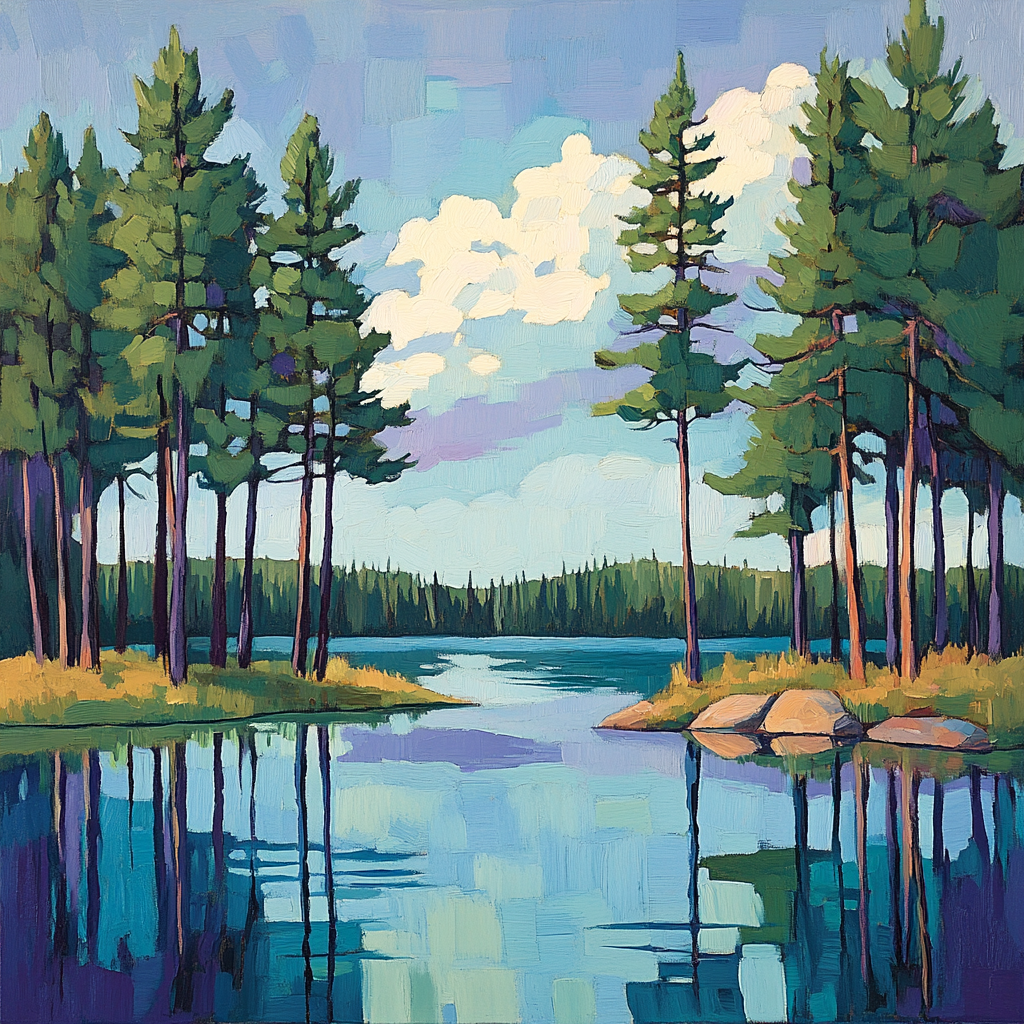 J. E. H. MacDonald Inspired Pines Framing Northern Lake DIY paint by numbers