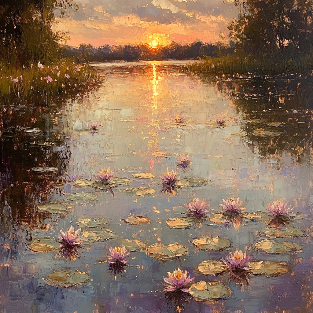 Monet Inspired Water Lilies At Dawn paint by color