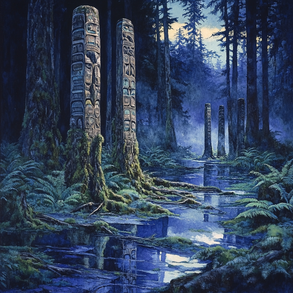 Emily Carr Inspired Totem Poles Embraced By Rainforest Growth Numbered painting kits