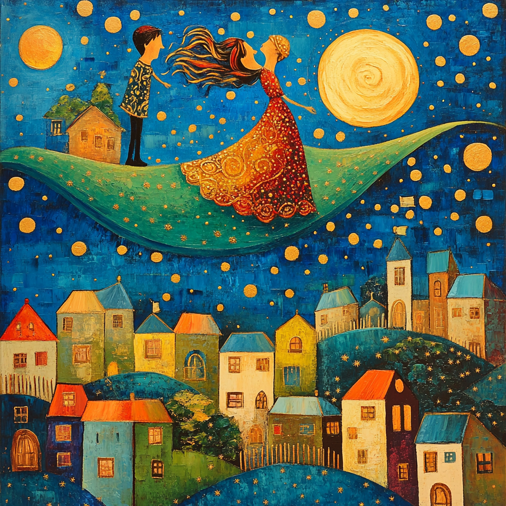 Chagall Inspired Lovers Above Town Paint by numbers kits