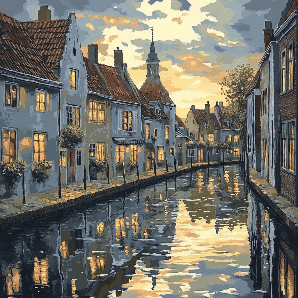 Johannes Vermeer Inspired Reflection On Canal And Gabled Rooftops paint by number