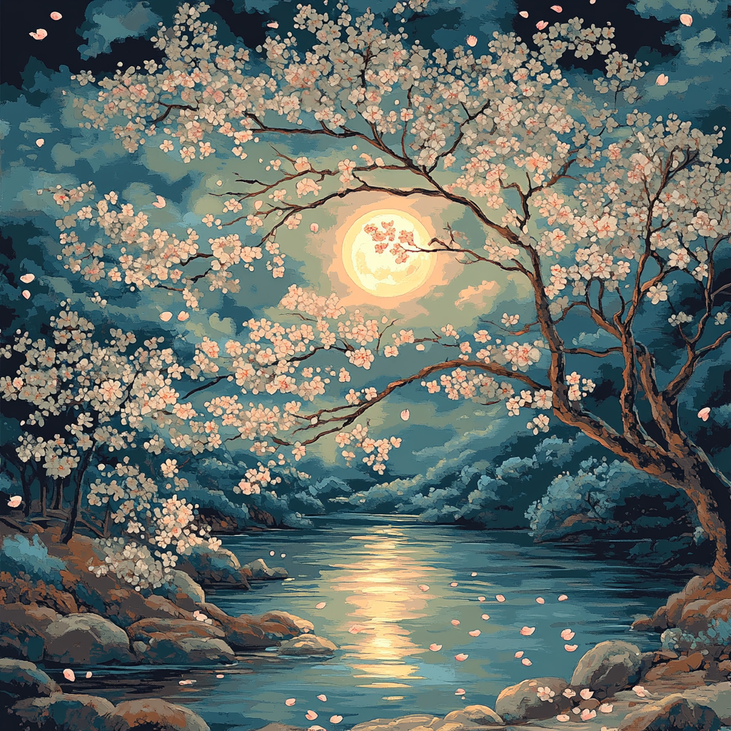 Hiroshige Inspired Moonlit Cherry Blossom Serenity painting number kit