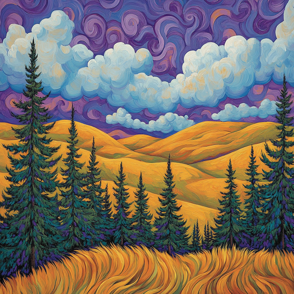 J E H MacDonald Inspired Rhythmic Pine Forest With Golden Ochre Hills Paint by numbers art