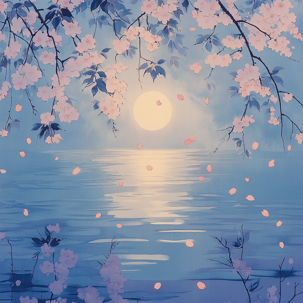 Hiroshige Inspired Moonlit Cherry Blossom Drift paint by numbers