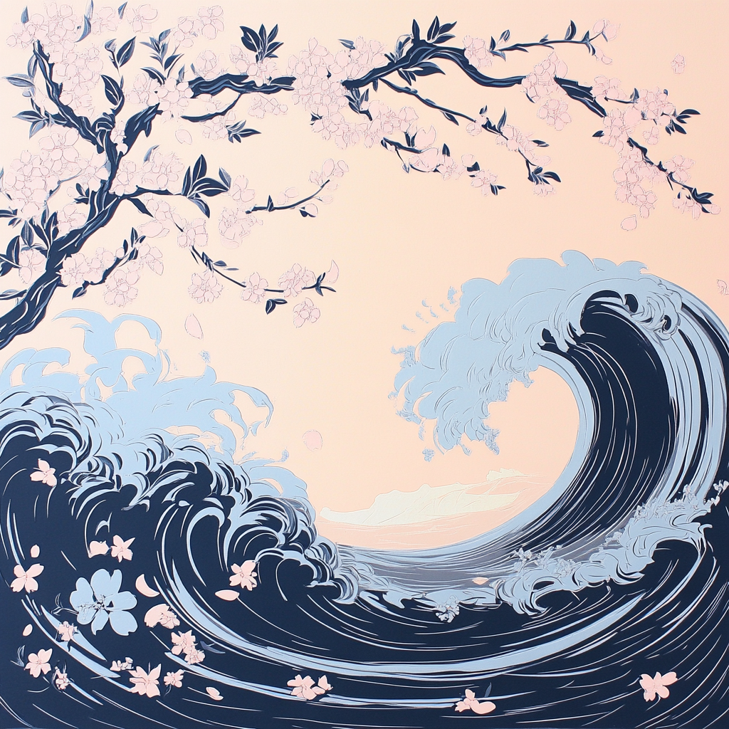 Hokusai Inspired Cherry Blossom Wave paint by numbers