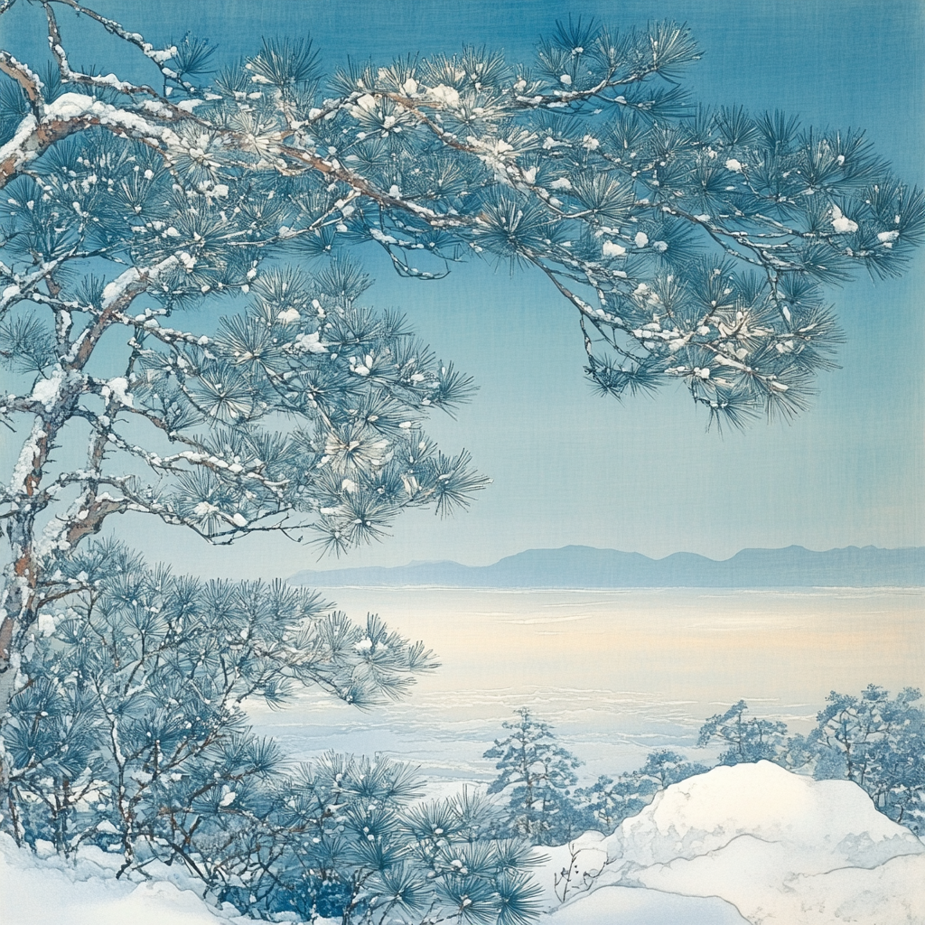 Hiroshige Inspired Winter Pine Breath paint by number