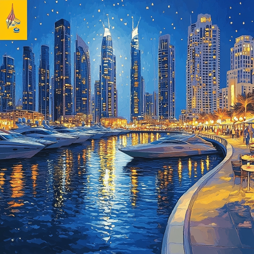 Dubai Marina Skyscraper Canal Evening United Arab Emirates Number painting