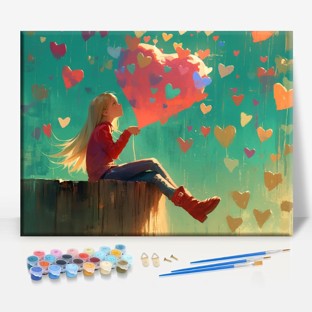 Love Heart Valentine Paint by Numbers Framed Canvas Art 16x12