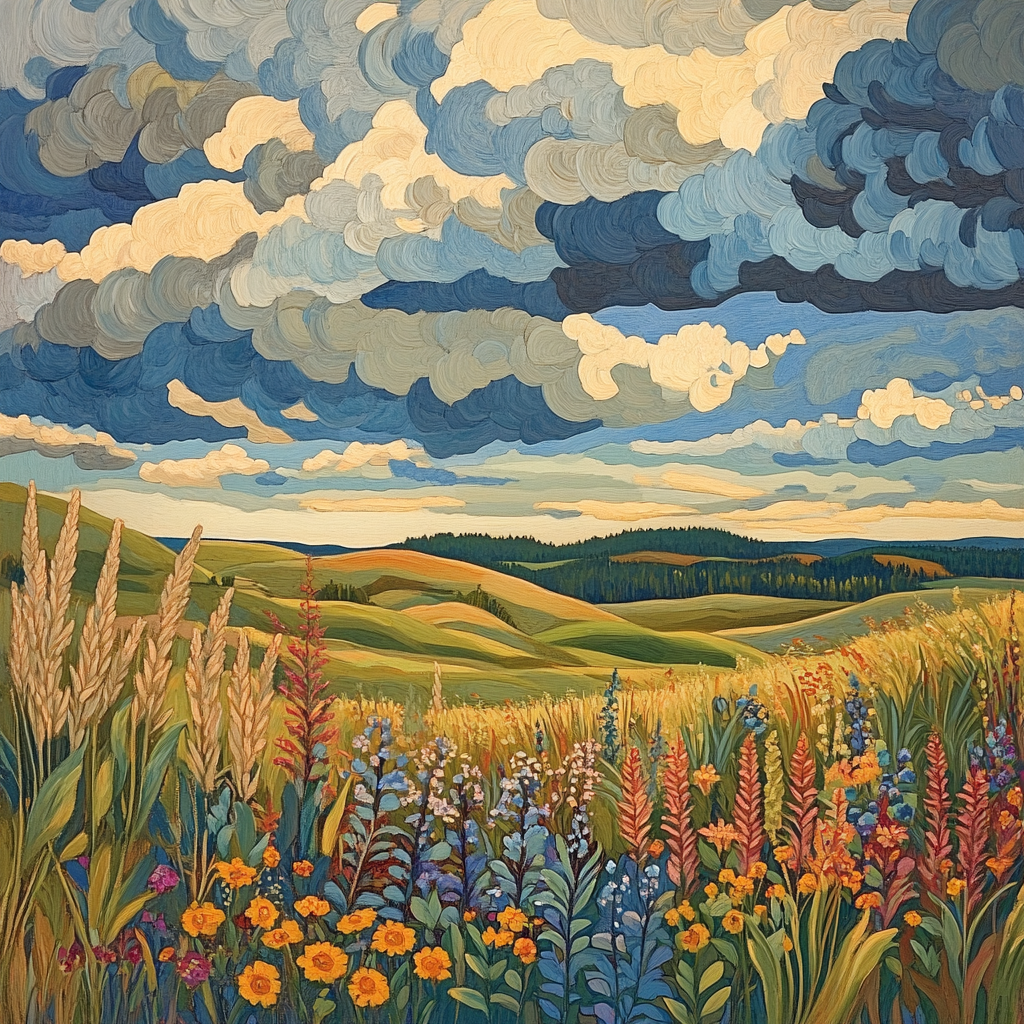 J. E. H. MacDonald Inspired Autumnal Meadow With Layered Cloudscape DIY paint by numbers