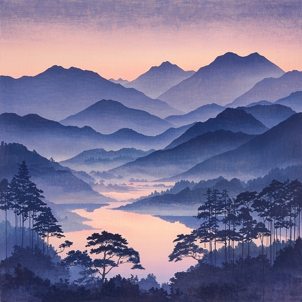 Utagawa Hiroshige Inspired Distant Mountains At Twilight Paint By Numbers