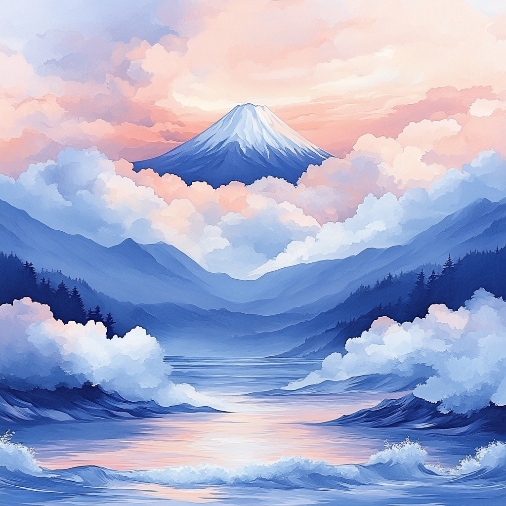Hokusai Inspired Mount Fuji At Dawn Number painting