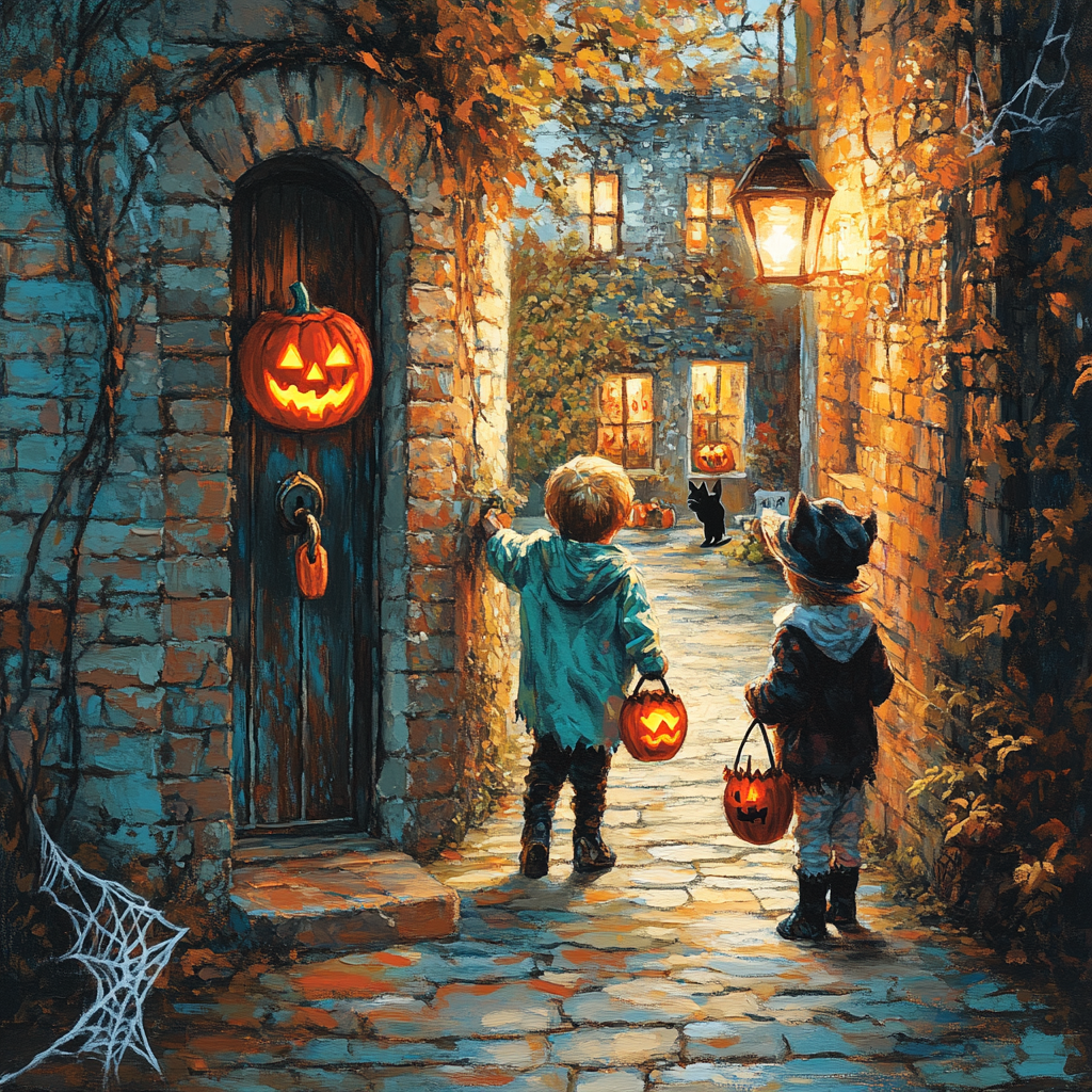 Moonlit Trick Or Treaters In Haunted Alley Paint by numbers art