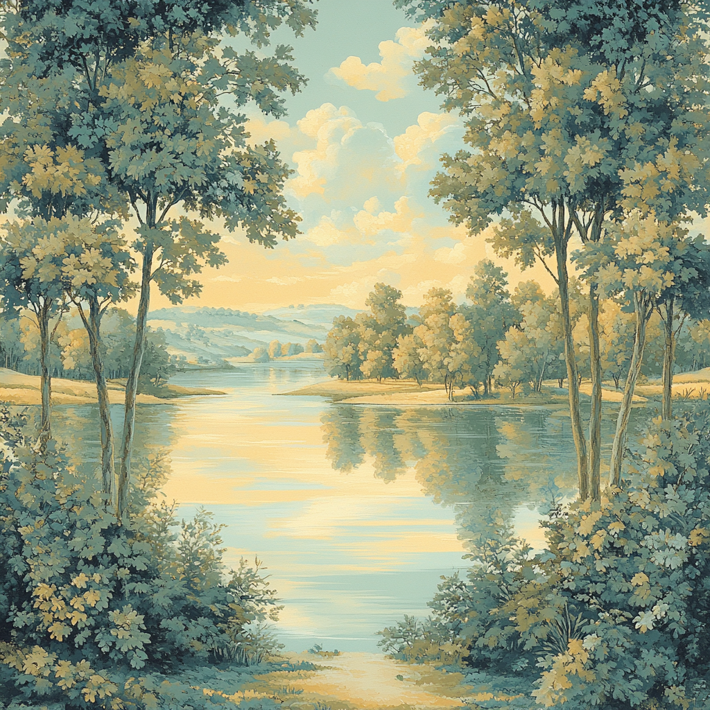 Raphael Inspired Harmonious Riverside With Symmetrical Trees painting number kit