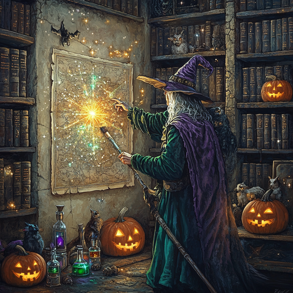 Witchs Library Travel Map Spooky Edition paint by number