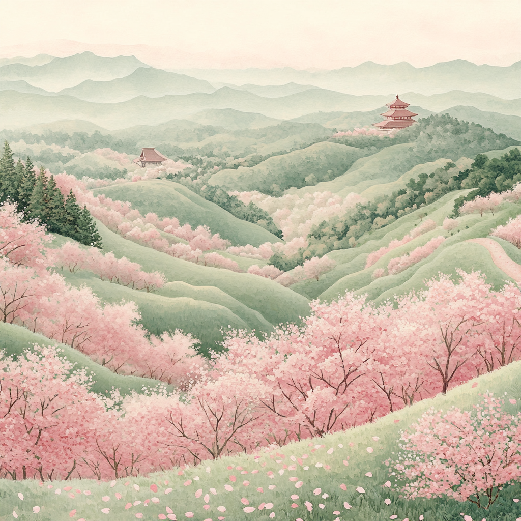 Hiroshige Inspired Sakura Breeze Over Hills paint by numbers