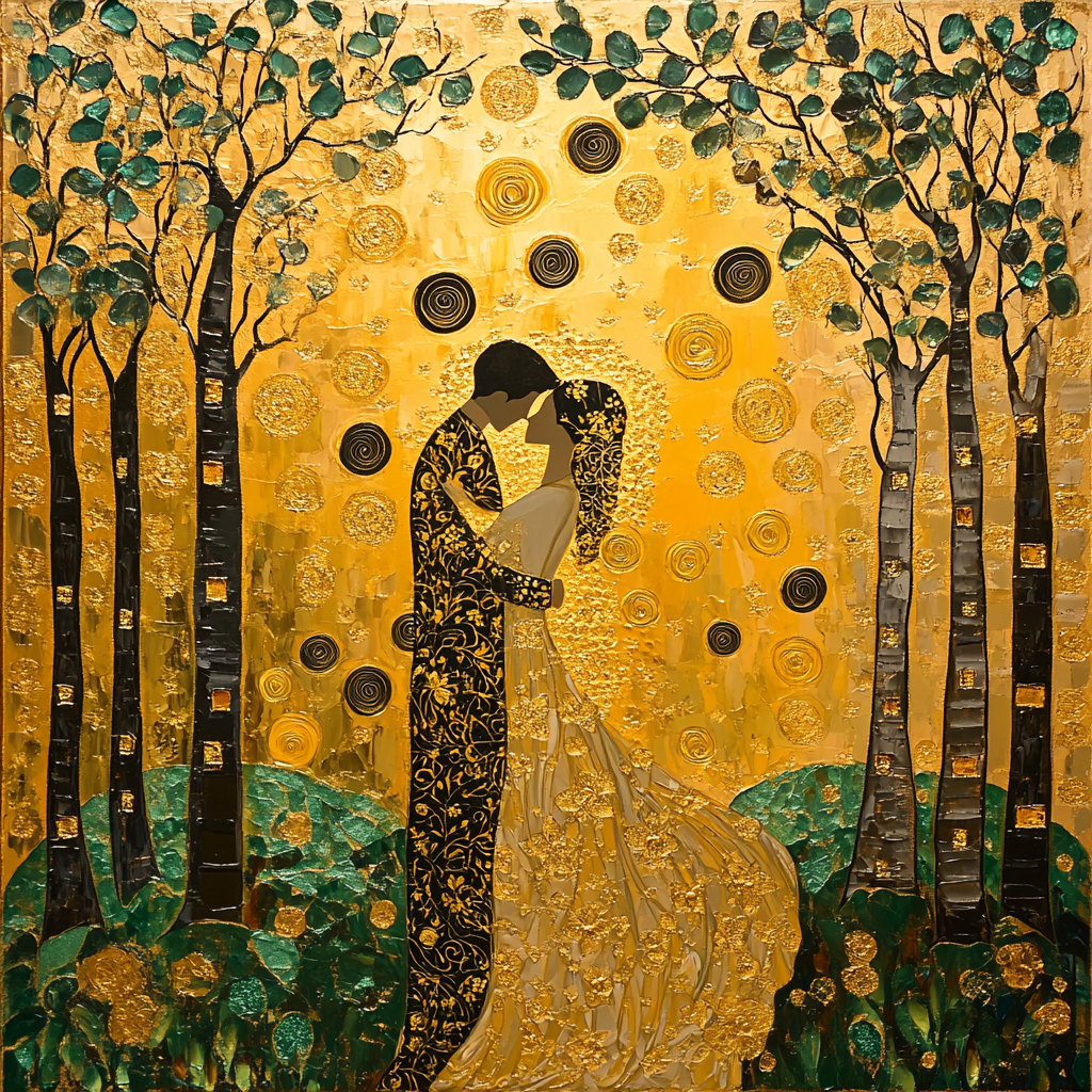 Gustav Klimt Inspired Embrace In Golden Forest paint by numbers