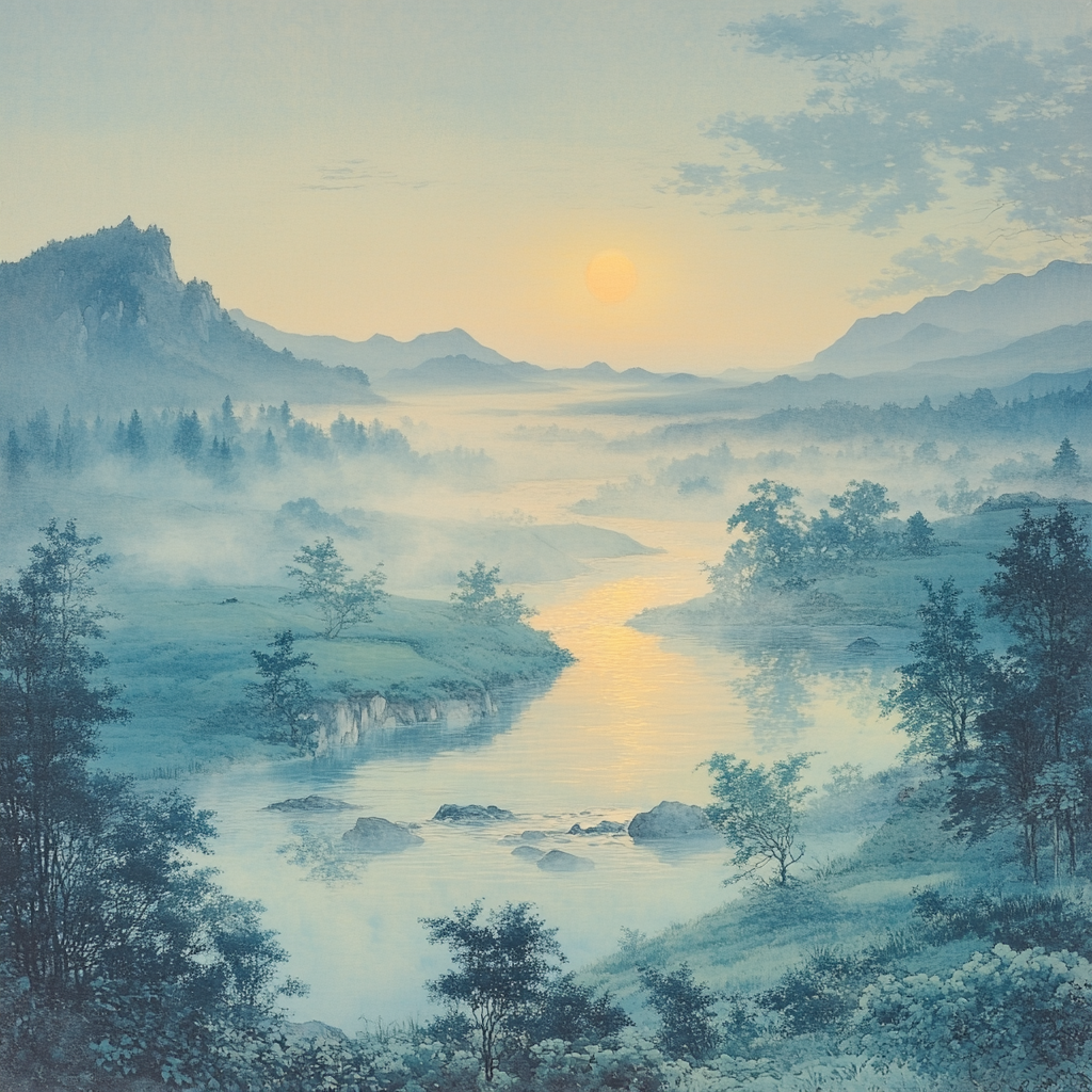 Hiroshige Inspired Ethereal Mist Over Riverbend Paint by numbers art