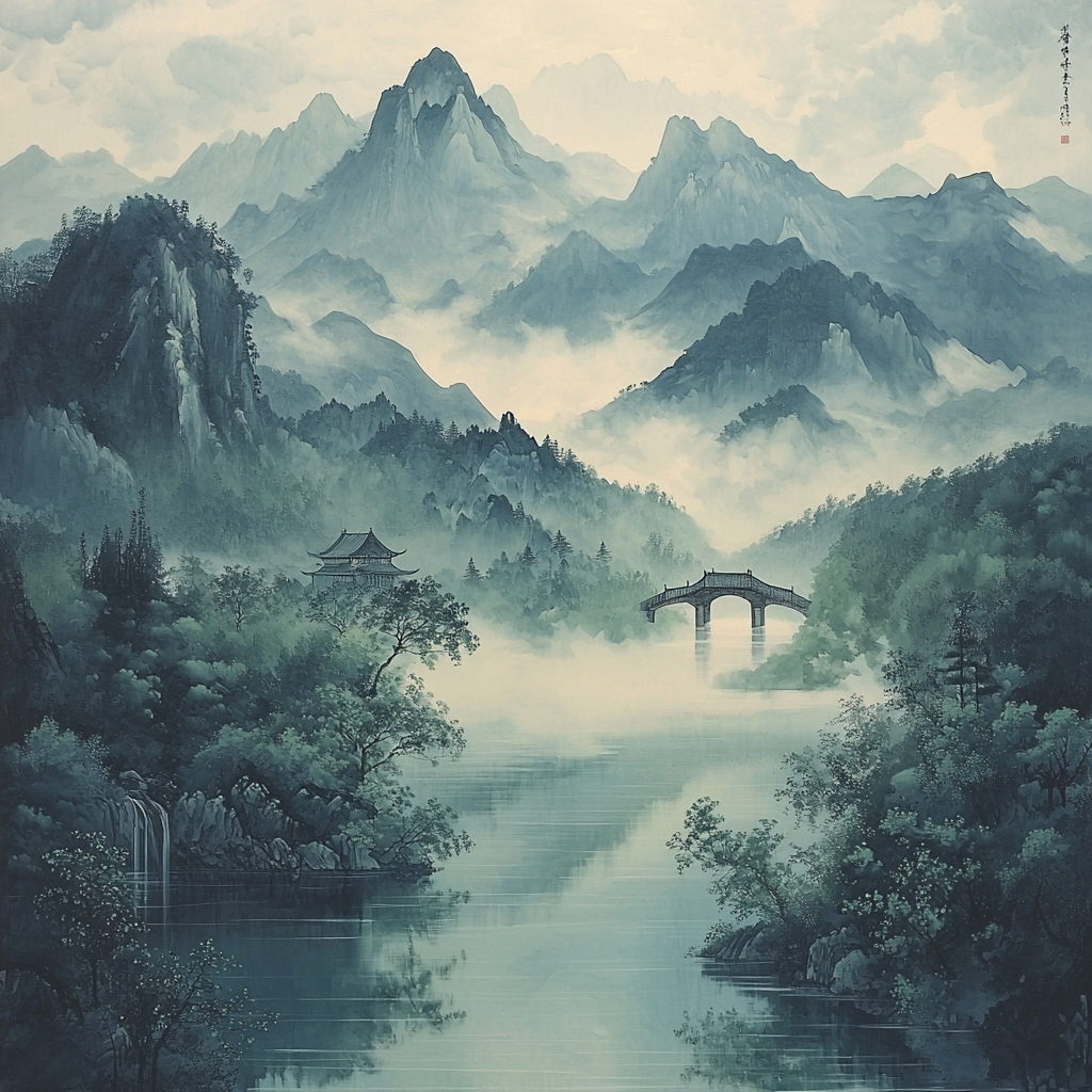 Zhao Mengfu Inspired Serene Mountain Mist Paint By Numbers