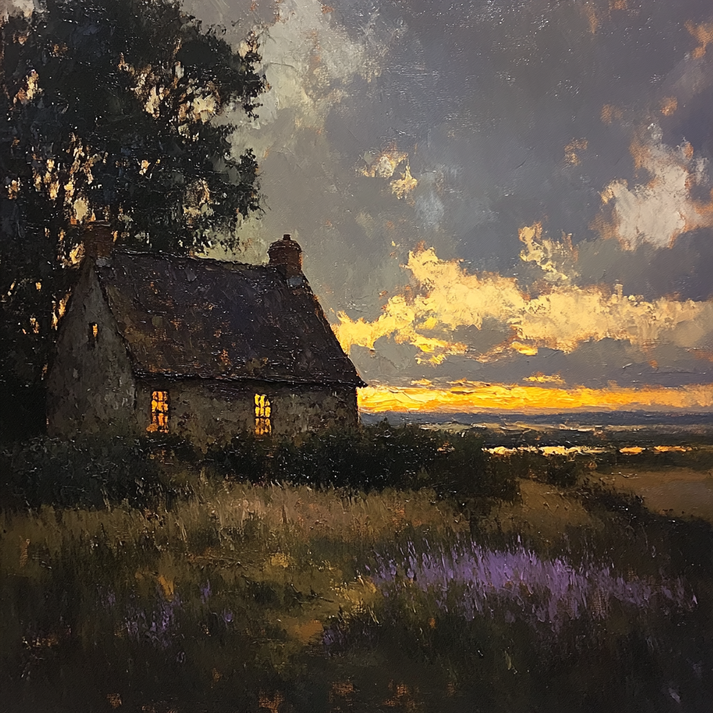 Rembrandt Inspired Dramatic Twilight Over Rustic Cottage paint by color
