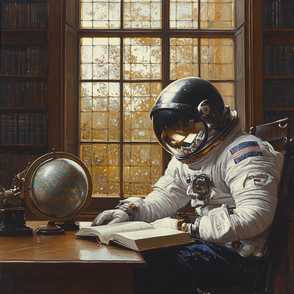 Vermeer Inspired Astronaut Reading In A Library paint by color