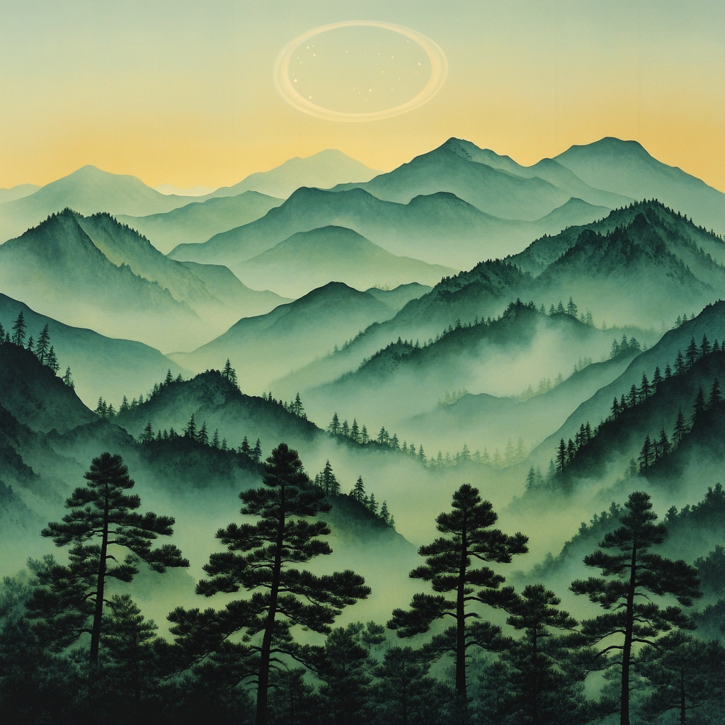 Hiroshige Inspired Misty Mountain And Celestial Ring Number painting