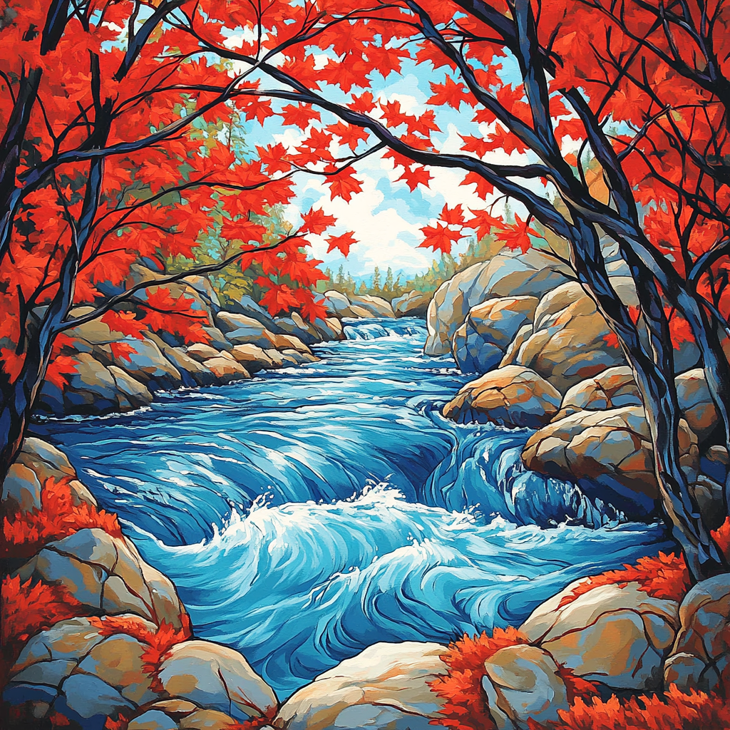 A.Y. Jackson Inspired Maple Screen Over Blue Rapids DIY paint by numbers