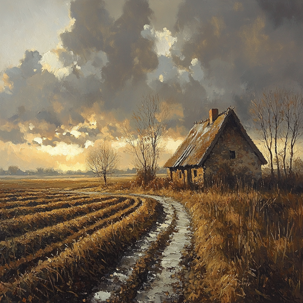 Rembrandt Inspired Cottage Amid Shadowed Fields paint by number