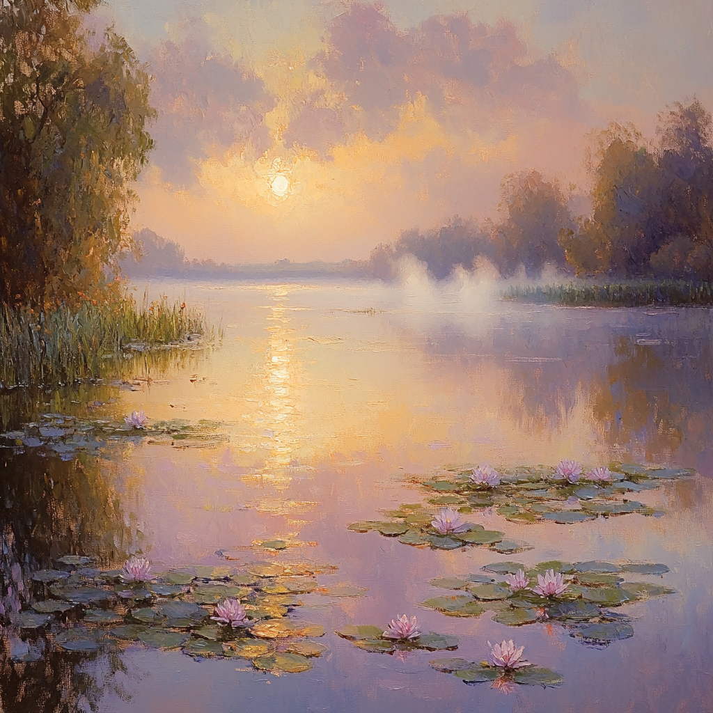 Monet Inspired Misty Lake Sunrise Number painting