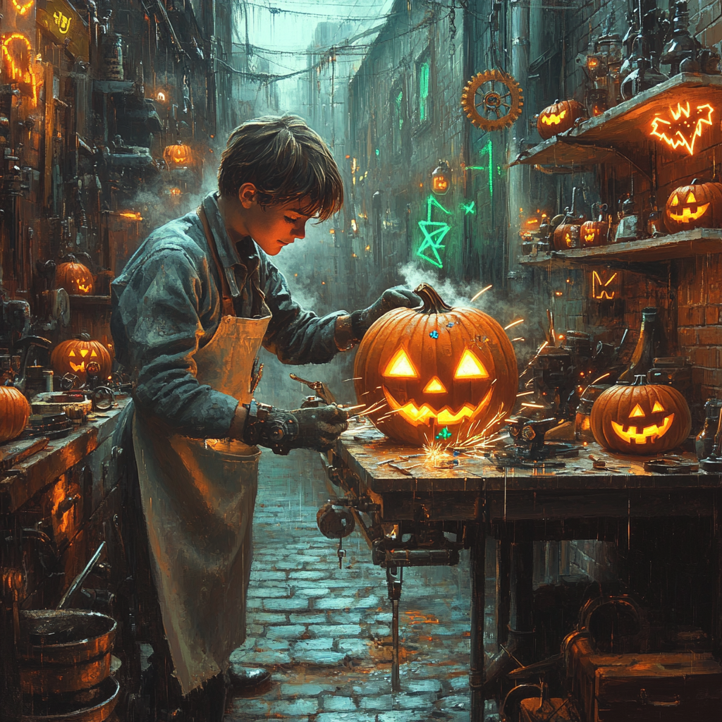 Haunted Alley Pumpkin Mechanic Paint by numbers art