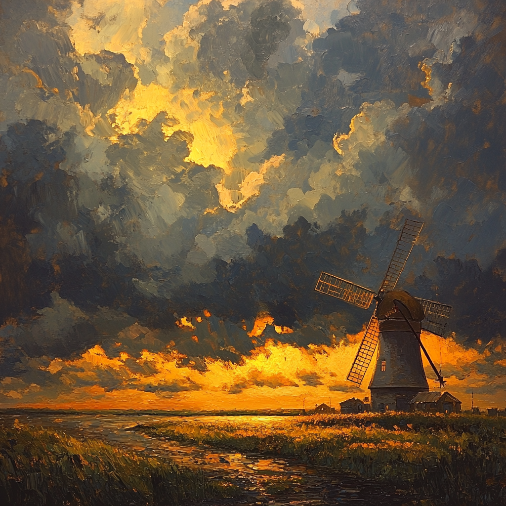 Rembrandt Inspired Windmill Silhouetted Against Luminous Horizon Numbered painting kits