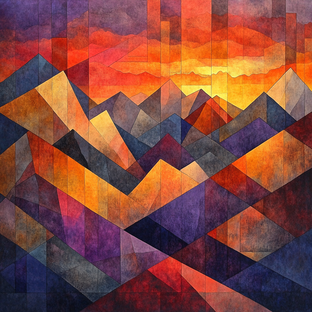 Pablo Picasso Inspired Cubist Sunset Over Fragmented Mountains paint by color