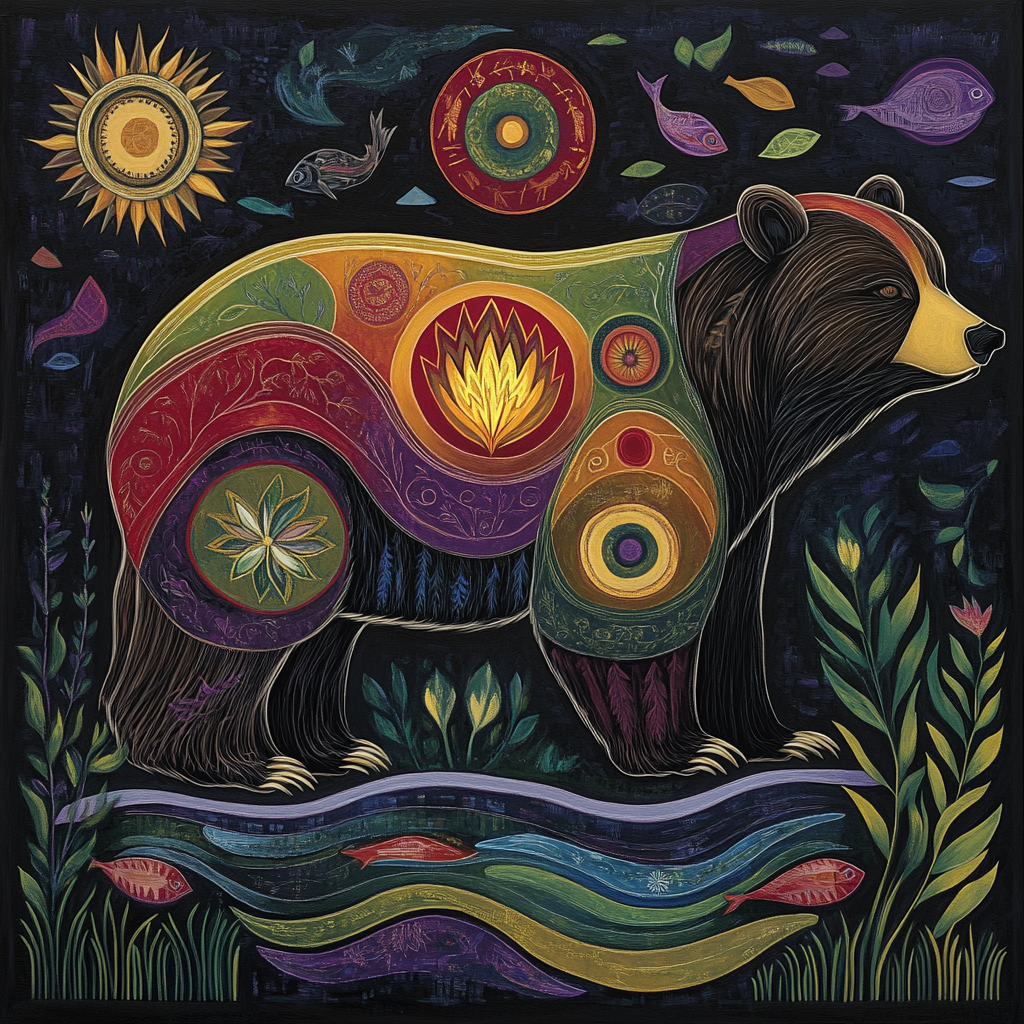 Norval Morrisseau Inspired Forest Bear Of Riverfire paint by color