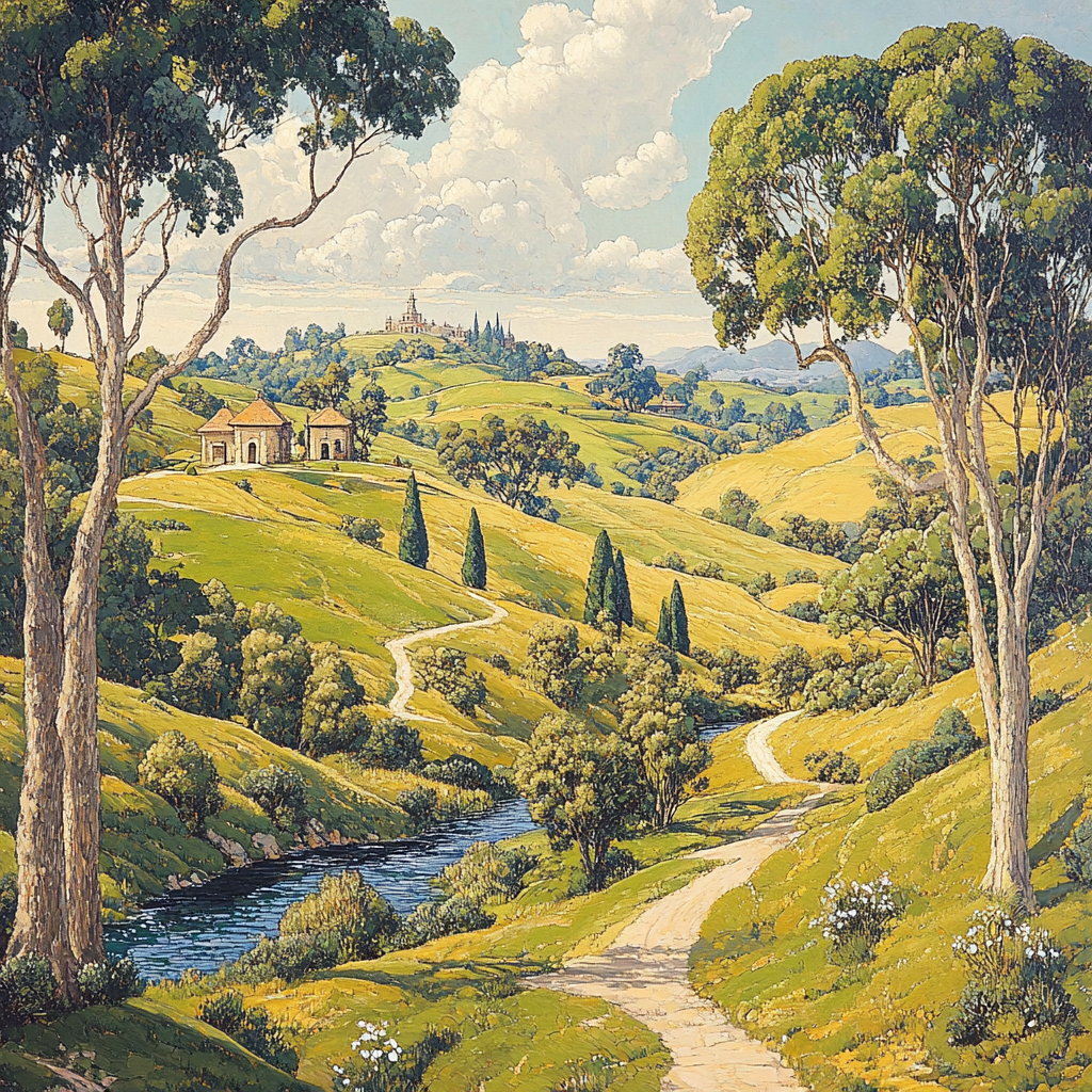 Raphael Inspired Idealized Rolling Hills And Temple Number painting