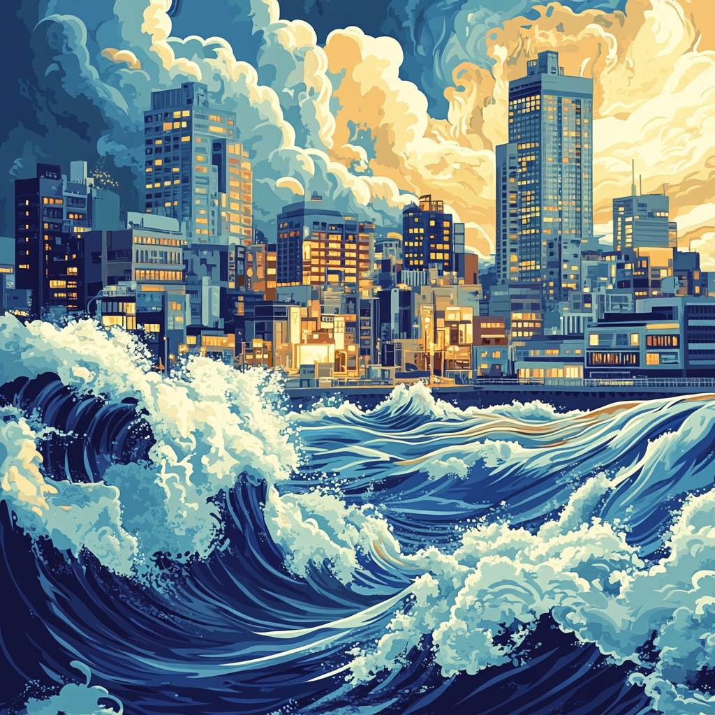 Hokusai Inspired Great Wave City paint by color