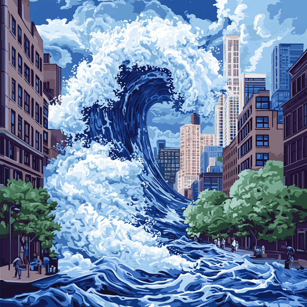 Hokusai Inspired Great Wave Over City paint by number