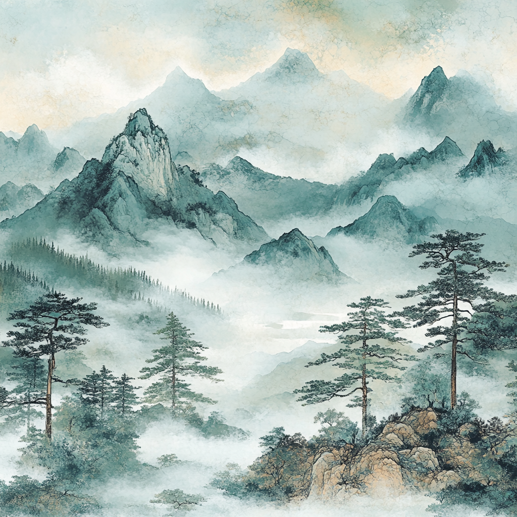 Zhao Mengfu Inspired Serene Mountain Mist painting number kit